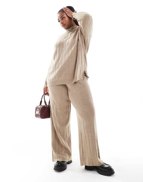 Pantalones color arena con lazada en la cintura de punto de ONLY Curve (parte de un conjunto) - view 1