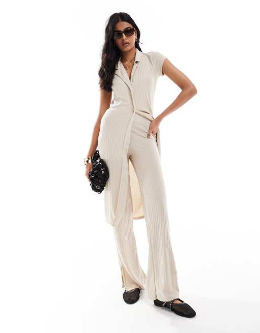 Pantalones color avena de pernera ancha de punto acanalado de Vero Moda (parte de un conjunto)