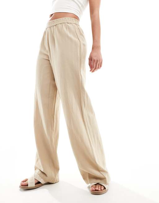 Pantalones color camel de pernera ancha con tacto efecto lino de PIECES, 4 de 5