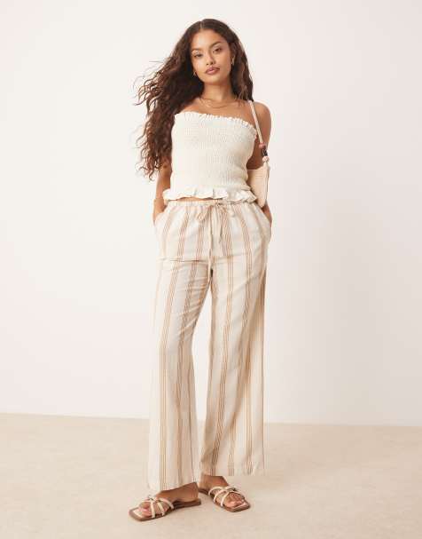 Pantalones color crema a rayas color tostado de pernera ancha con lazada en la cintura de tejido efecto lino de VILA Petite - view 1