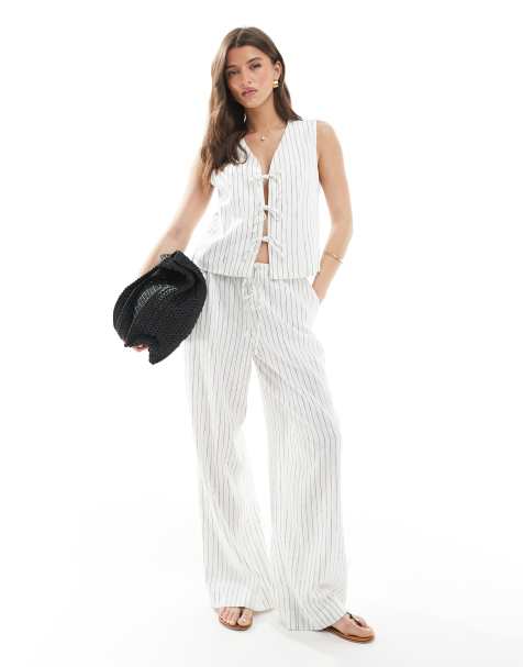 Pantalones color crema a rayas de mezcla de lino de South Beach - view 1