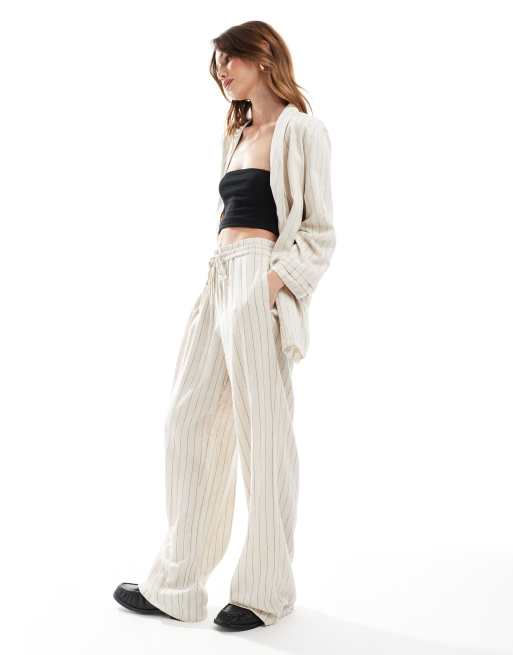 Pantalones color crema abedul a rayas negras de pernera ancha de tejido efecto lino Mix & Match de Pieces