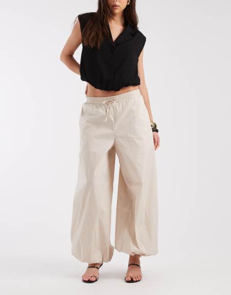 Pantalones color crema abombados con lazada en la cintura de popelina de Object - view 1