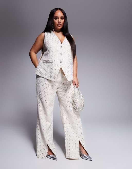 Pantalones color crema de bouclé con abalorios de ASOS LUXE Curve (parte de un conjunto)