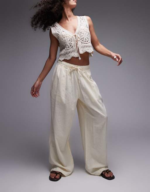 Pantalones color crema de corte globo de mezcla de lino de Topshop