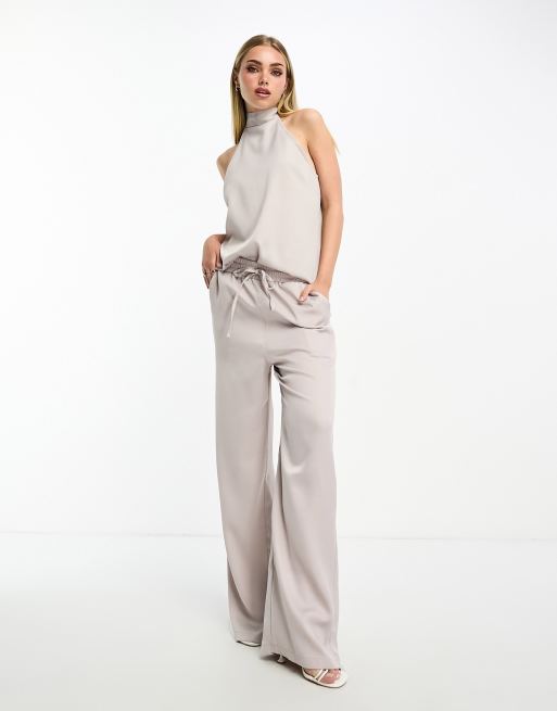 Pantalones color crema de pernera ancha de satén de Little Mistress (parte de un conjunto)