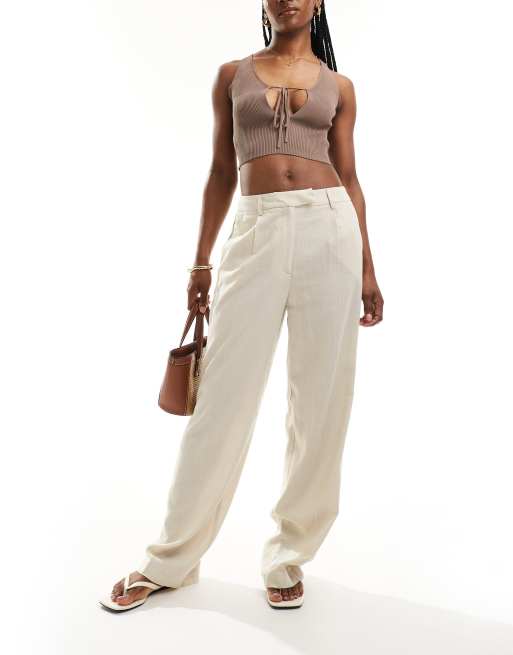 Pantalones color crema de pernera ancha y talle alto de mezcla de lino de PIECES