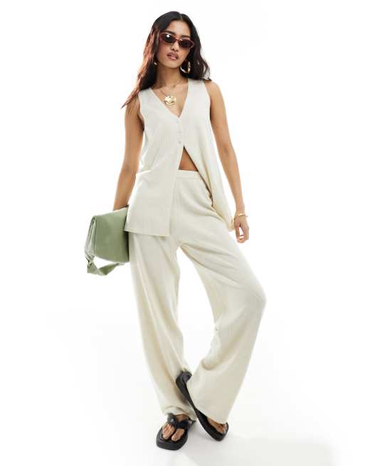 Pantalones color crema de pernera recta de punto pointelle de 4th & Reckless (parte de un conjunto)