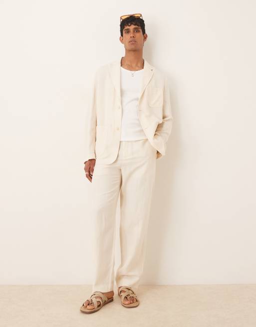 Pantalones color crudo de pernera recta de mezcla de lino de Mango (parte de un conjunto)