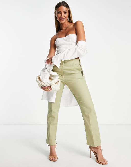 Pantalones color oliva de corte cigarette slim de lino de ASOS DESIGN