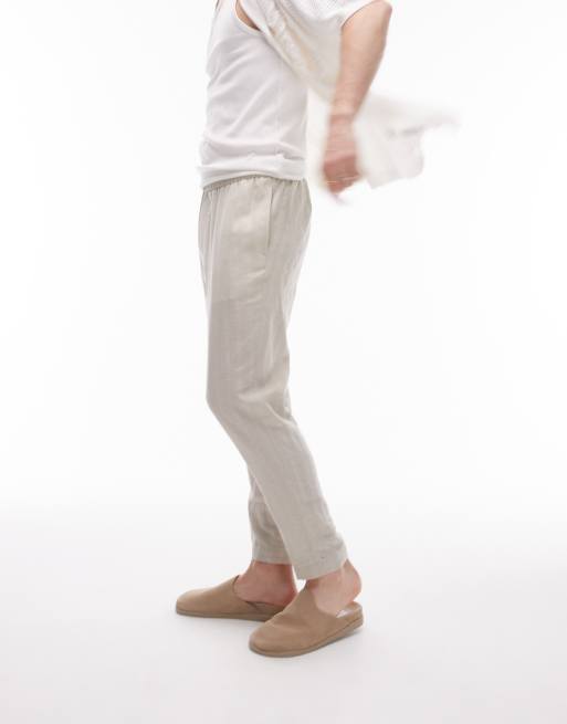 Pantalones color piedra a rayas de corte tapered de tejido texturizado de mezcla de lino de Topman