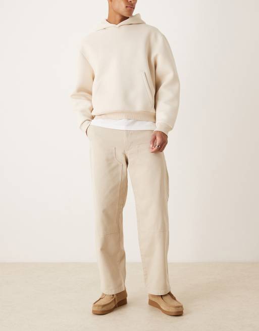 Pantalones color piedra de corte recto suelto con detalles estilo carpintero de ASOS DESIGN