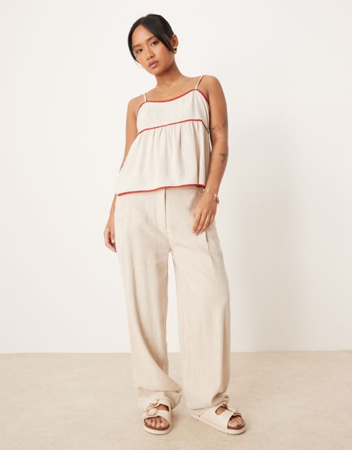 Pantalones color piedra de corte tapered con pinzas delanteras de mezcla de lino de ASOS DESIGN Petite