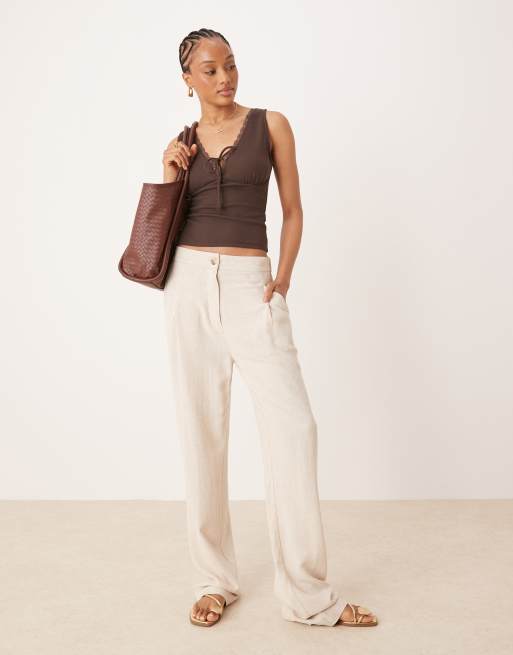Pantalones color piedra de corte tapered con pinzas delanteras de tejido con lino de ASOS DESIGN Tall