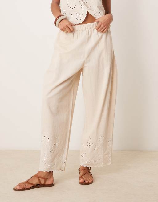 ASOS DESIGN linen blend scalloped edge embroidered wide leg pants in stone - part of a set