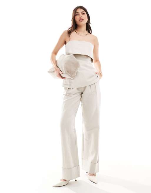 Pantalones color piedra de pernera ancha de mezcla de lino de Pretty Lavish (parte de un conjunto)