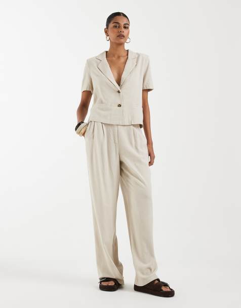 Pantalones color piedra de pernera ancha de tejido efecto lino de Vero Moda (parte de un conjunto) - view 1