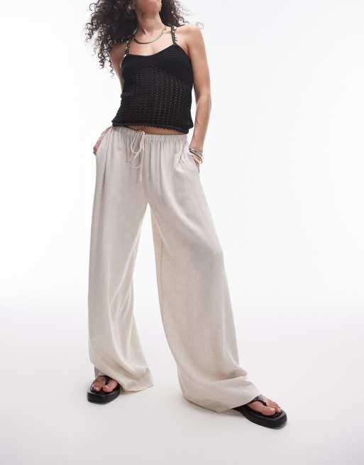Pantalones color piedra de pernera muy ancha de lino natural de Topshop (parte de un conjunto)
