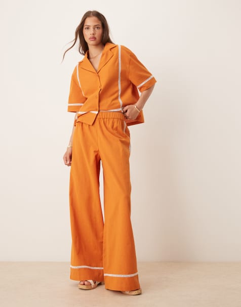 Pantalones color terracota sin cierres de pernera ancha con ribete en contraste de mezcla de lino de ASOS DESIGN (parte de un conjunto) - view 1