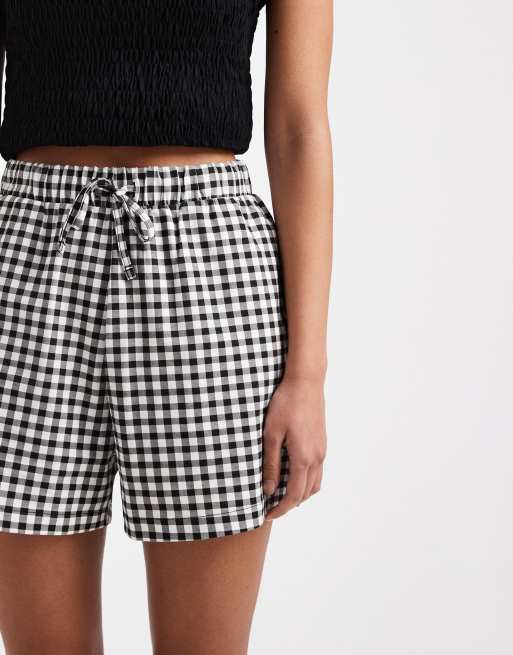 Pantalones cortos a cuadros vichy blancos y negros sin cierres con cordón ajustable de punto liso de Threadbare, 3 de 5
