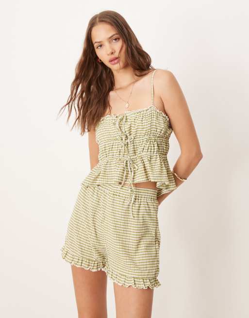Pantalones cortos a cuadros vichy verdes con ribete bordado de ASOS DESIGN (parte de un conjunto)
