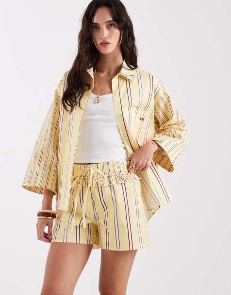 Pantalones cortos amarillo pastel a rayas estilo bóxer de popelina Caois de Laagam (parte de un conjunto) - view 1