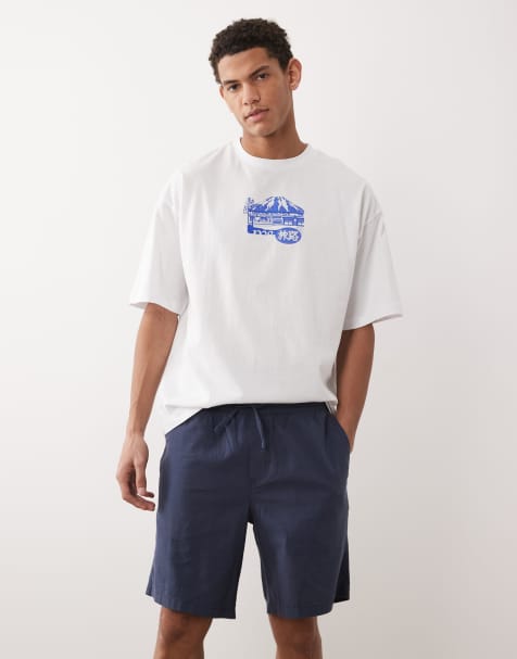 Pantalones cortos azul marino con cordón ajustable de mezcla de lino de JJ Rebel - view 1