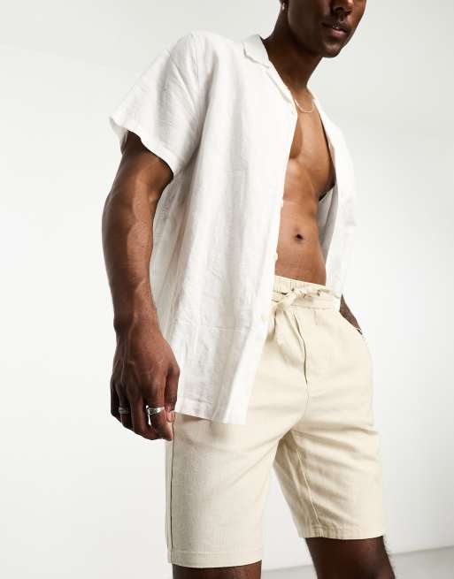 Pantalones cortos beis con lazada en la cintura de mezcla de lino de ONLY & SONS, 2 de 4
