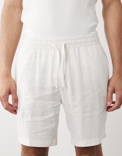 Pantalones cortos blancos con cordón ajustable en la cintura de mezcla de lino de Threadbare, 4 de 5