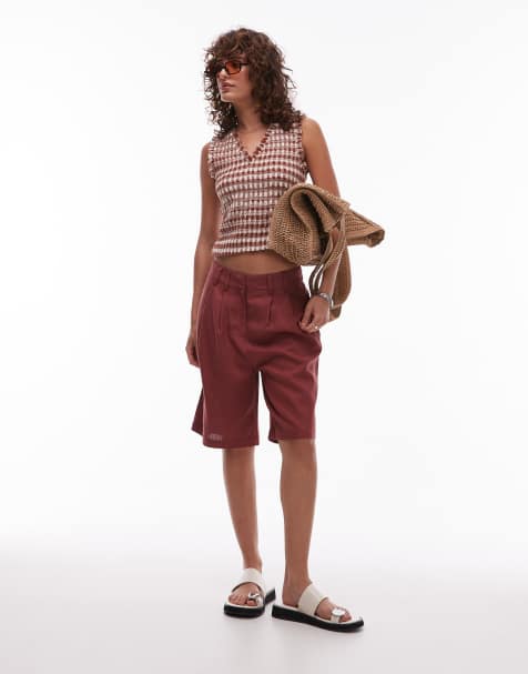 Pantalones cortos burdeos de corte alargado de mezcla de lino de Topshop - view 1