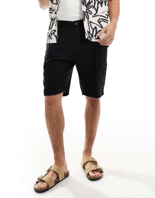 Pantalones cortos cargo negros de lino de Threadbare