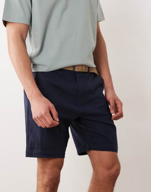 Pantalones cortos chinos azul marino con cinturón de mezcla de lino de Threadbare, 3 de 5