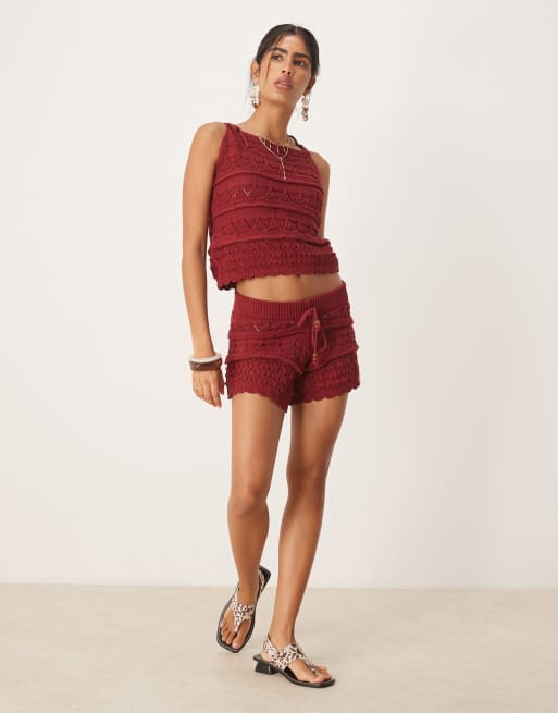 Pantalones cortos color óxido con lazada delantera con cuentas de croché de ASOS DESIGN (parte de un conjunto)