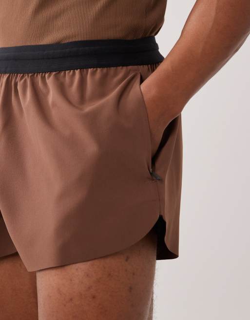 Pantalones cortos de 5 cm marrones para correr con cinturilla elástica y bolsillos con cremallera de 4505, 4 de 5
