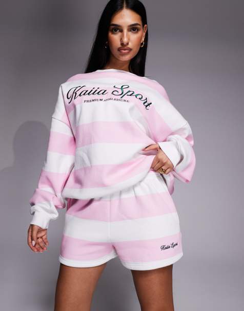 Pantalones cortos de chándal a rayas rosas y blancas con logo bordado de tejido rico en algodón de Kaiia (parte de un conjunto) - view 1