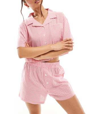 Pantalones cortos de pijama a cuadros rojos estilo bóxer de bambula de Luna