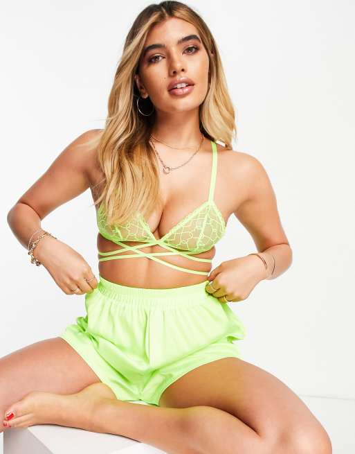 Pantalones cortos de pijama color lima neón estilo bóxer de satén de ASOS DESIGN
