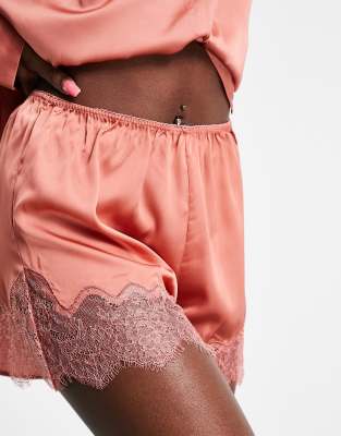 Pantalones cortos de pijama color óxido de satén con ribetes de encaje Mix & Match de ASOS DESIGN