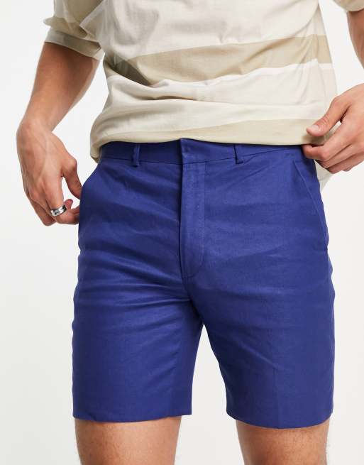 Pantalones cortos de traje azul marino de corte superpitillo de lino y algodón de ASOS DESIGN