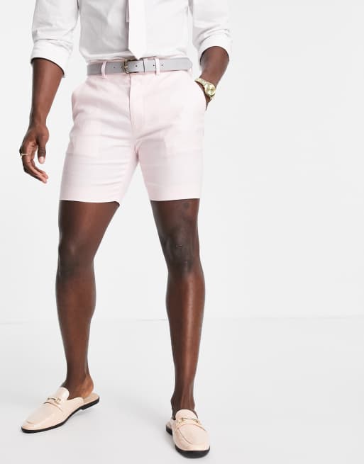 Pantalones cortos de traje rosa pastel de corte pitillo de lino y algodón de ASOS DESIGN