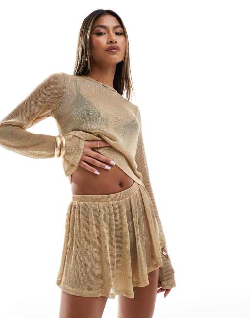 Pantalones cortos dorados con vuelo de tejido efecto cota de malla de ASOS DESIGN (parte de un conjunto)