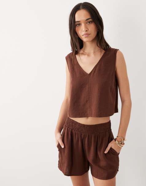 Pantalones cortos marrón chocolate con cinturilla elástica de mezcla de lino Joppa de Nobody's Child (parte de un conjunto) - view 1