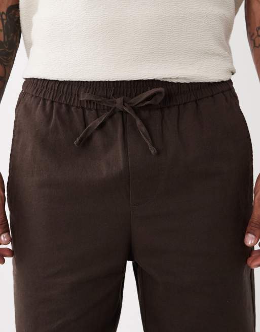 Pantalones cortos marrones con lazada en la cintura de mezcla de lino de ONLY & SONS, 5 de 5