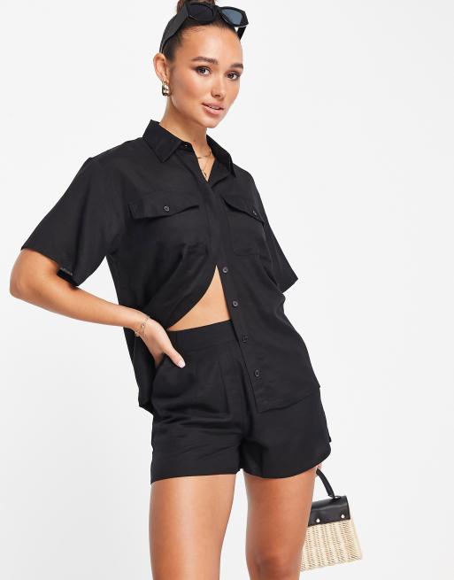 Pantalones cortos mom negros de tejido efecto lino de Extro & Vert (parte de un conjunto), 3 de 4