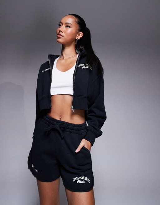 Pantalones cortos negros con logo de tejido de sudadera de Good