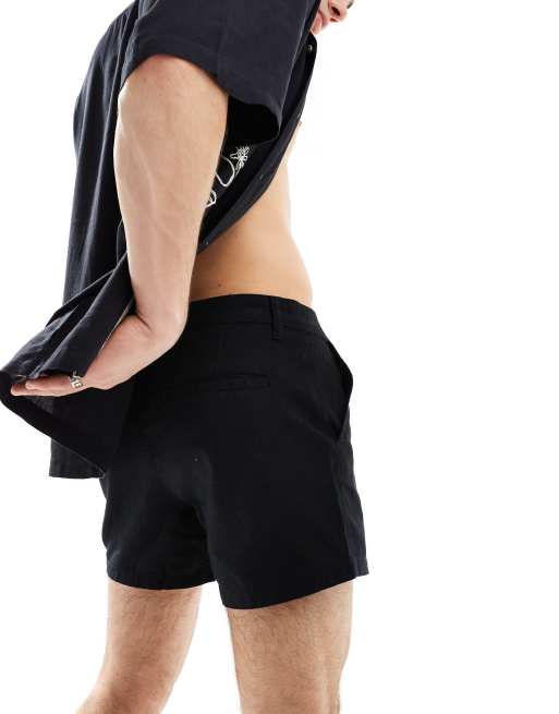 Pantalones cortos negros de corte slim de lino de ASOS DESIGN, 2 de 5