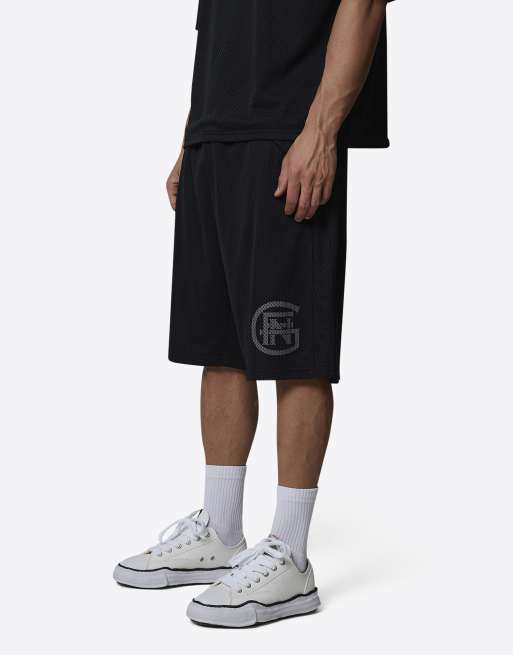 Pantalones cortos negros de doble capa con monograma de punto de malla de Good For Nothing, 3 de 4
