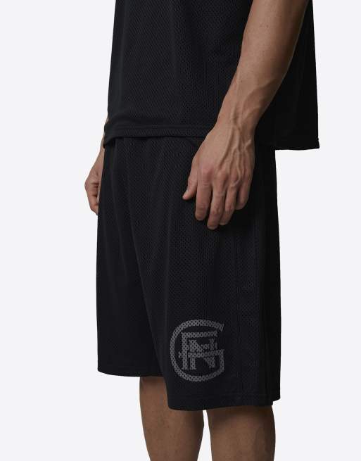 Pantalones cortos negros de doble capa con monograma de punto de malla de Good For Nothing, 4 de 4