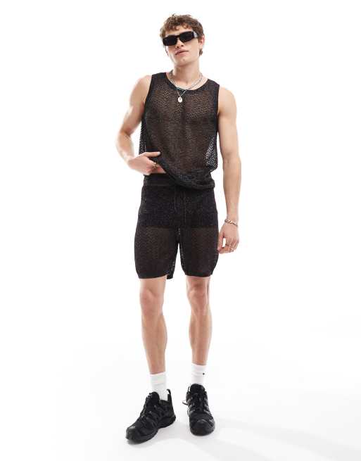 Pantalones cortos negros de malla de punto metalizado de ASOS DESIGN (parte de un conjunto)