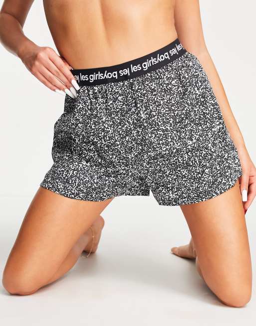 Pantalones cortos negros fruncidos estilo bóxer con estampado de lunares y logo en la cinturilla de algodón de Les Girls Les Boys